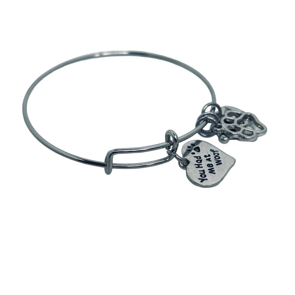 Silver Tone You Had Me At Woof And Love My Dog Charms Bangle Bracelet  (5501) - Picture 3 of 4